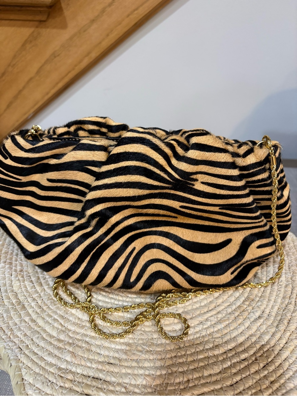 Zebra Print Drawstring Shoulder Bag with Gold Chain - Picture 3 of 10